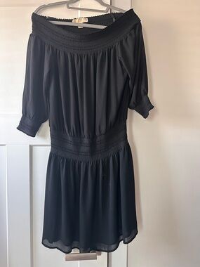 Michael Kors Black Off-Shoulder Smocked Midi Dress